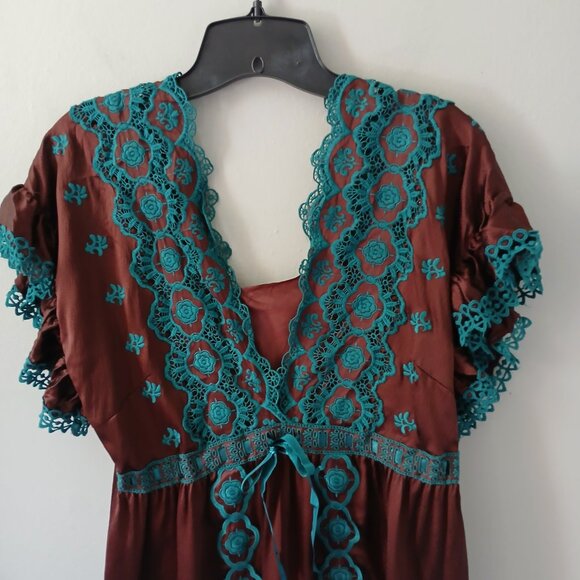 VTG Betsey Johnson Size 8 Women's‎ 100% Silk Dress Brown Blue Crochet Midi Lined - Picture 2 of 16